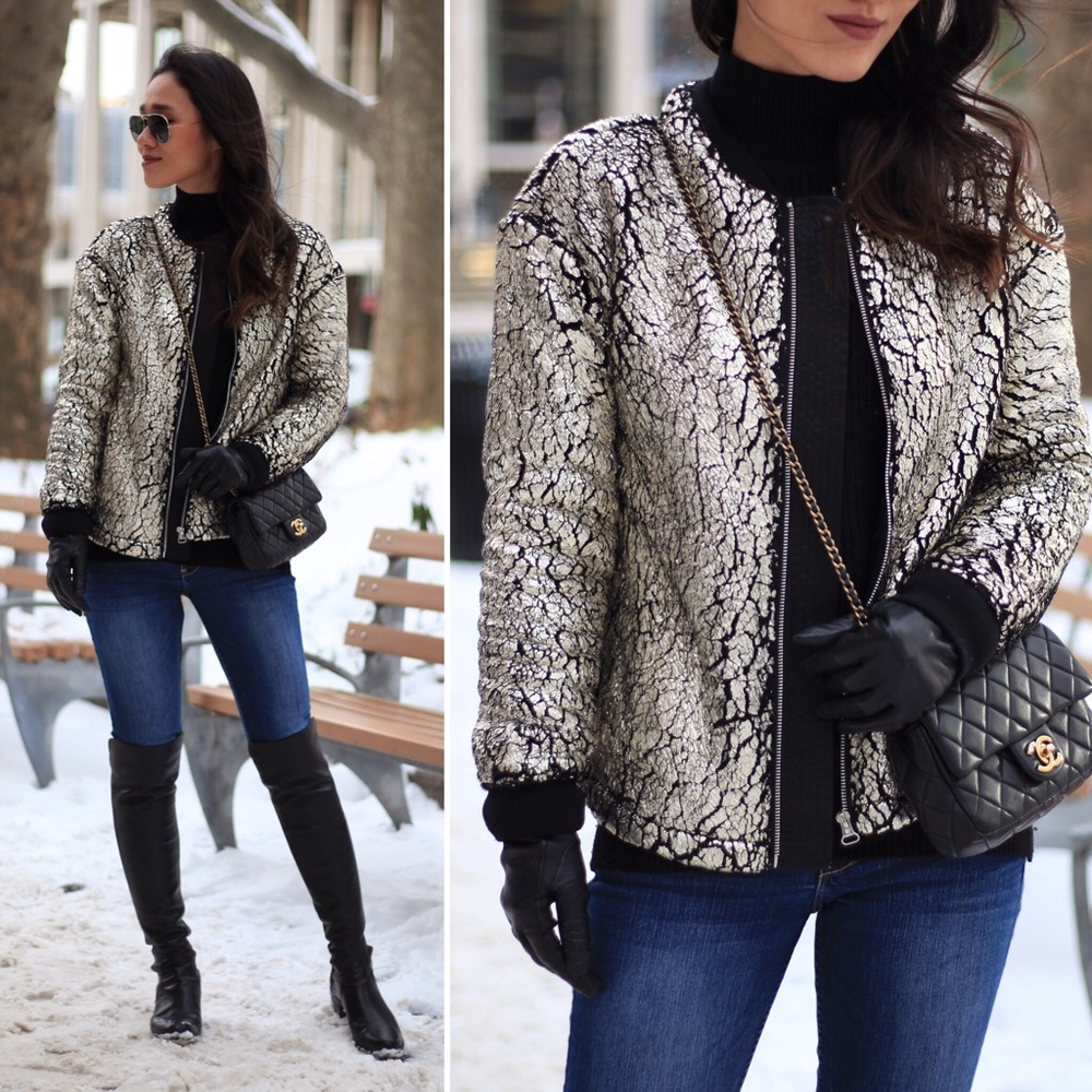 Guess Metallic Faux Fur Bomber Jacket